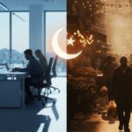 Les Vadrouilles Ramadanesques de l’IA : Comment le Ramadan reconfigure l’écosystème urbain de Tunis Photographie d'un marché animé à Tunis en fin d'après-midi durant le Ramadan, montrant des étals de produits frais et une foule dense avant l'Iftar.