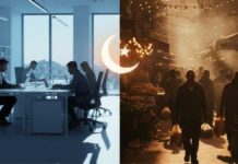 Les Vadrouilles Ramadanesques de l’IA : Comment le Ramadan reconfigure l’écosystème urbain de Tunis Photographie d'un marché animé à Tunis en fin d'après-midi durant le Ramadan, montrant des étals de produits frais et une foule dense avant l'Iftar.