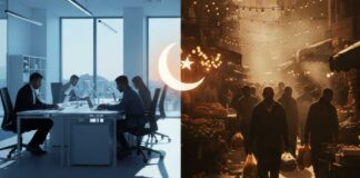 Les Vadrouilles Ramadanesques de l’IA : Comment le Ramadan reconfigure l’écosystème urbain de Tunis Photographie d'un marché animé à Tunis en fin d'après-midi durant le Ramadan, montrant des étals de produits frais et une foule dense avant l'Iftar.