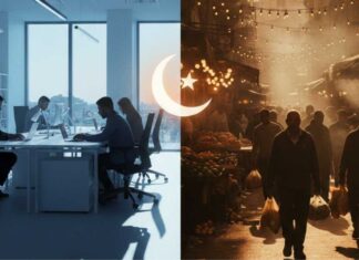 Les Vadrouilles Ramadanesques de l’IA : Comment le Ramadan reconfigure l’écosystème urbain de Tunis Photographie d'un marché animé à Tunis en fin d'après-midi durant le Ramadan, montrant des étals de produits frais et une foule dense avant l'Iftar.