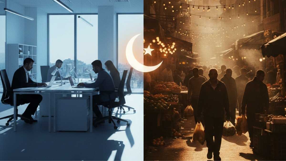 Photographie d'un marché animé à Tunis en fin d'après-midi durant le Ramadan, montrant des étals de produits frais et une foule dense avant l'Iftar.