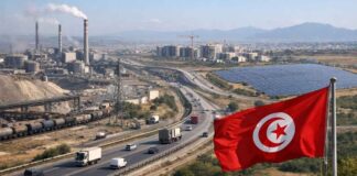 LA SEMAINE ECO | Tunisie 2026 : Fiscalité, Taux Directeur et Corridors Économiques Zone industrielle tunisienne : drapeau au premier plan, autoroute avec camions, usines et panneaux solaires, immeubles en construction en arrière-plan.