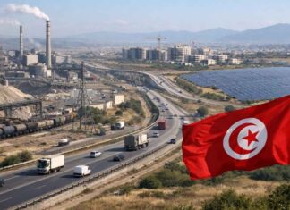 LA SEMAINE ECO | Tunisie 2026 : Fiscalité, Taux Directeur et Corridors Économiques Zone industrielle tunisienne : drapeau au premier plan, autoroute avec camions, usines et panneaux solaires, immeubles en construction en arrière-plan.