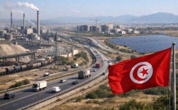 Tunisie : la Banque africaine de développement prévoit une croissance de 2,1% en 2026 et 2,8% en 2027 Zone industrielle tunisienne : drapeau au premier plan, autoroute avec camions, usines et panneaux solaires, immeubles en construction en arrière-plan.