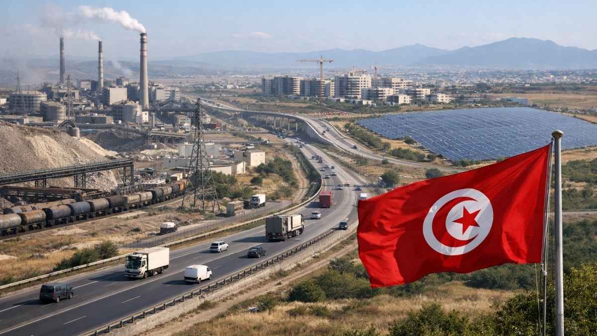 Zone industrielle tunisienne : drapeau au premier plan, autoroute avec camions, usines et panneaux solaires, immeubles en construction en arrière-plan.