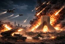 Frappes sur l’Iran : Israël et les USA confirment des opérations militaires majeures Vue aérienne de nuit de Téhéran avec des panaches de fumée suite aux frappes aériennes du 28 février 2026