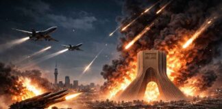 Frappes sur l’Iran : Israël et les USA confirment des opérations militaires majeures Vue aérienne de nuit de Téhéran avec des panaches de fumée suite aux frappes aériennes du 28 février 2026