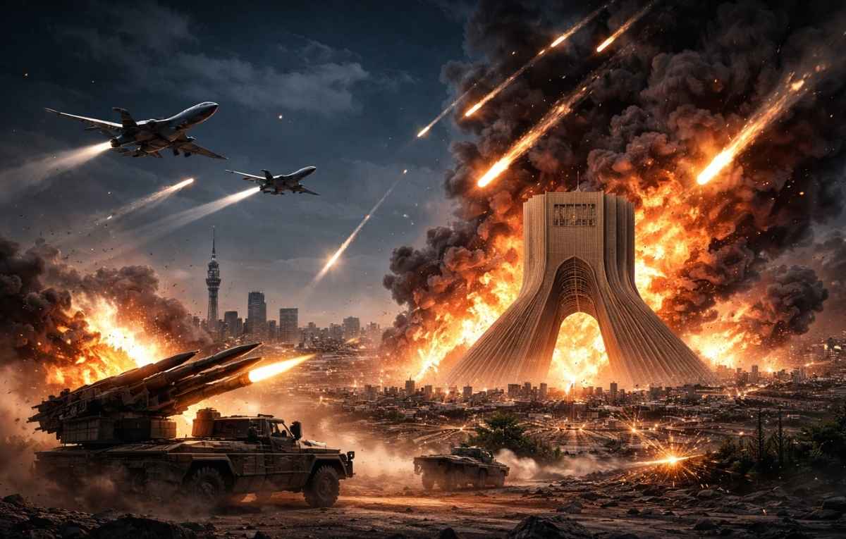 Vue aérienne de nuit de Téhéran avec des panaches de fumée suite aux frappes aériennes du 28 février 2026