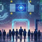 Visa Schengen 2026 : Nouvelles règles, régime Cascade et visas 5 ans Illustration conceptuelle d'un passeport numérique européen avec une puce biométrique et des flux de données symbolisant la fluidité de la frontière en 2026