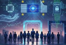 Visa Schengen 2026 : Nouvelles règles, régime Cascade et visas 5 ans Illustration conceptuelle d'un passeport numérique européen avec une puce biométrique et des flux de données symbolisant la fluidité de la frontière en 2026