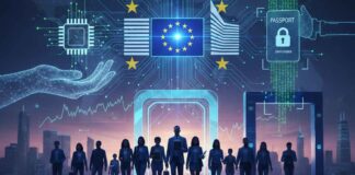 Visa Schengen 2026 : Nouvelles règles, régime Cascade et visas 5 ans Illustration conceptuelle d'un passeport numérique européen avec une puce biométrique et des flux de données symbolisant la fluidité de la frontière en 2026