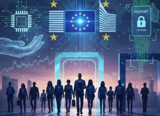 Visa Schengen 2026 : Nouvelles règles, régime Cascade et visas 5 ans Illustration conceptuelle d'un passeport numérique européen avec une puce biométrique et des flux de données symbolisant la fluidité de la frontière en 2026