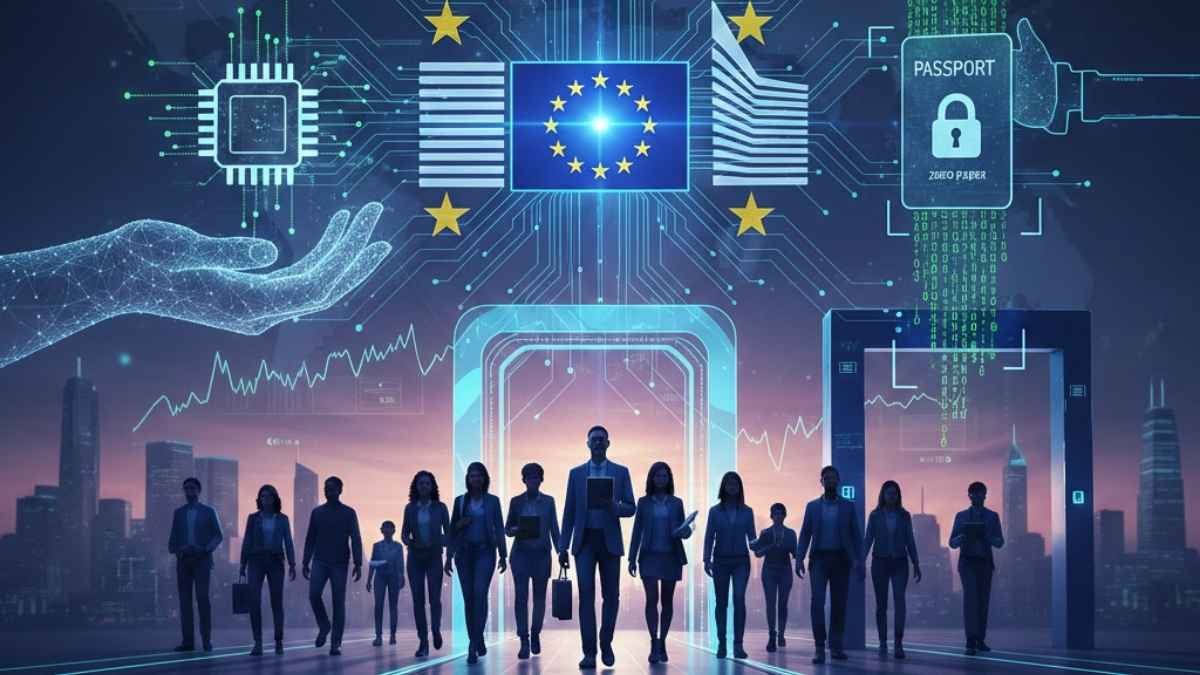 Illustration conceptuelle d'un passeport numérique européen avec une puce biométrique et des flux de données symbolisant la fluidité de la frontière en 2026