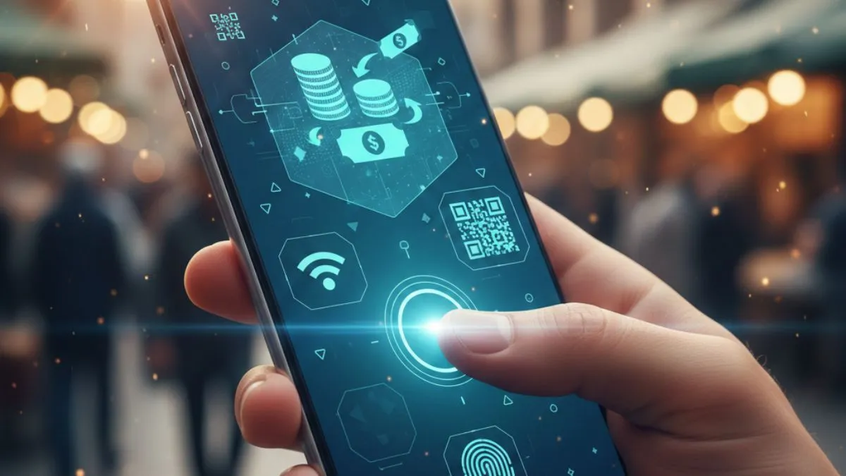 Smartphone affichant une application de Wallet numérique effectuant un paiement par scan de QR Code dans un commerce tunisien moderne