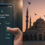 Horaires de Prière en Direct : Votre Ville & Calendrier du Jour Smartphone affichant une application d'horaires de prière à Paris à côté d'une mosquée majestueuse au coucher du soleil