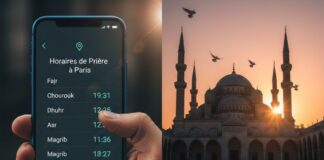 Horaires de Prière en Direct : Votre Ville & Calendrier du Jour Smartphone affichant une application d'horaires de prière à Paris à côté d'une mosquée majestueuse au coucher du soleil