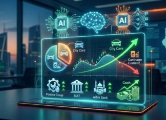 Gestion d’un portefeuille boursier assistée par l’IA : Arbitrage et performance du portefeuille au 5 mars Graphique de performance boursière et logos des entreprises City Cars, Poulina et BIAT illustrant un arbitrage de portefeuille financier.