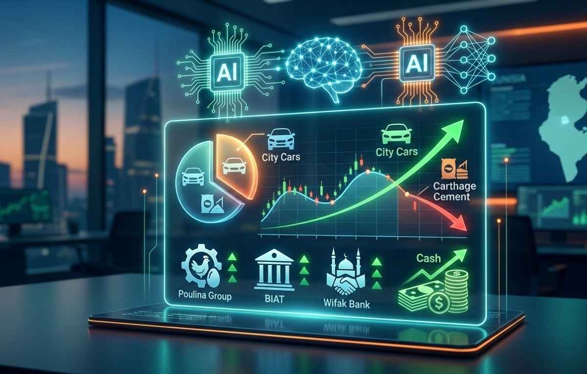 Graphique de performance boursière et logos des entreprises City Cars, Poulina et BIAT illustrant un arbitrage de portefeuille financier.
