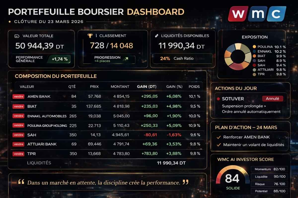 Infographie de la performance boursière du portefeuille MyINVESTIA affichant une courbe ascendante à +1,89% au 23 mars 2026.
