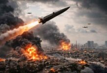 Frappes contre l’Iran et riposte : la crise s’étend et les réactions se multiplient Image illustrant la trajectoire des missiles iraniens lancés vers le Golfe depuis l'Iran après les frappes américano-israéliennes du 28 février 2026