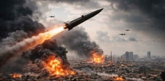 Frappes contre l’Iran et riposte : la crise s’étend et les réactions se multiplient Image illustrant la trajectoire des missiles iraniens lancés vers le Golfe depuis l'Iran après les frappes américano-israéliennes du 28 février 2026