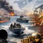 Pétrole et gaz : quels enjeux face aux tensions dans le détroit d’Ormuz ? Vue satellite du détroit d'Ormuz montrant une forte concentration de navires pétroliers stationnés à l'entrée du Golfe Persique.