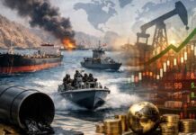 Détroit d’Ormuz : Le poumon énergétique mondial sous apnée, le pétrole s’embrase Vue satellite du détroit d'Ormuz montrant une forte concentration de navires pétroliers stationnés à l'entrée du Golfe Persique.