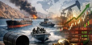 Détroit d’Ormuz : Le poumon énergétique mondial sous apnée, le pétrole s’embrase Vue satellite du détroit d'Ormuz montrant une forte concentration de navires pétroliers stationnés à l'entrée du Golfe Persique.