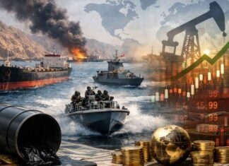 Détroit d’Ormuz : Le poumon énergétique mondial sous apnée, le pétrole s’embrase Vue satellite du détroit d'Ormuz montrant une forte concentration de navires pétroliers stationnés à l'entrée du Golfe Persique.