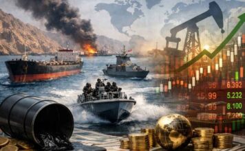 Blocage du détroit d’Ormuz : assureurs et transport maritime sous pression Vue satellite du détroit d'Ormuz montrant une forte concentration de navires pétroliers stationnés à l'entrée du Golfe Persique.