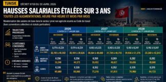 Tunisie : Toutes les augmentations salariales 2026-2028 (secteurs non soumis à des conventions) Augmentations salariales 2026-2027-2028