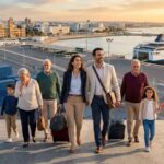 Fuite des cerveaux : Pourquoi les compétences tunisiennes envisagent-elles de quitter l’Europe ? Photographie aérienne d'une famille multigénérationnelle de la diaspora (6 personnes) débarquant joyeusement d'un ferry dans le port de Tunis (La Goulette). Au premier plan, un couple qualifié tire des valises, un grand-parent est ému, et un enfant tient un drapeau tunisien. En arrière-plan, le grand ferry 'TUNISIA LINE' et les infrastructures portuaires sont éclairés par la lumière dorée du lever du soleil.