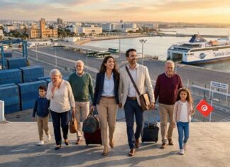 Fuite des cerveaux : Pourquoi les compétences tunisiennes envisagent-elles de quitter l’Europe ? Photographie aérienne d'une famille multigénérationnelle de la diaspora (6 personnes) débarquant joyeusement d'un ferry dans le port de Tunis (La Goulette). Au premier plan, un couple qualifié tire des valises, un grand-parent est ému, et un enfant tient un drapeau tunisien. En arrière-plan, le grand ferry 'TUNISIA LINE' et les infrastructures portuaires sont éclairés par la lumière dorée du lever du soleil.