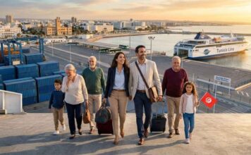 Diaspora tunisienne : les Tunisiens à l’étranger, un « capital humain » stratégique Photographie aérienne d'une famille multigénérationnelle de la diaspora (6 personnes) débarquant joyeusement d'un ferry dans le port de Tunis (La Goulette). Au premier plan, un couple qualifié tire des valises, un grand-parent est ému, et un enfant tient un drapeau tunisien. En arrière-plan, le grand ferry 'TUNISIA LINE' et les infrastructures portuaires sont éclairés par la lumière dorée du lever du soleil.