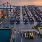 Tunisie : La BCT verrouille la stabilité, la relance attend Photographie éditoriale aérienne du port de Radès en Tunisie au lever du soleil. Des portiques de déchargement modernes, des piles de conteneurs et un navire cargo sont visibles.