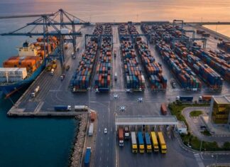 Tunisie : La BCT verrouille la stabilité, la relance attend Photographie éditoriale aérienne du port de Radès en Tunisie au lever du soleil. Des portiques de déchargement modernes, des piles de conteneurs et un navire cargo sont visibles.