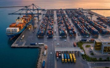 GZALE : quels avantages pour les PME tunisiennes sur les marchés arabes ? Photographie éditoriale aérienne du port de Radès en Tunisie au lever du soleil. Des portiques de déchargement modernes, des piles de conteneurs et un navire cargo sont visibles.