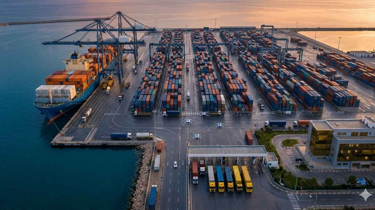 Photographie éditoriale aérienne du port de Radès en Tunisie au lever du soleil. Des portiques de déchargement modernes, des piles de conteneurs et un navire cargo sont visibles.