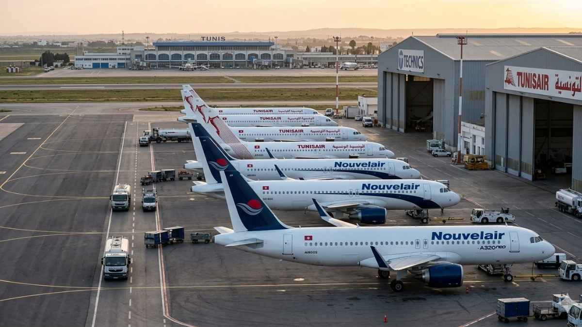 Vue aérienne au lever du soleil sur le tarmac de l'aéroport Tunis-Carthage. On y distingue clairement une rangée d'avions de la compagnie privée Nouvelair (livrée blanche et bleue, incluant le nouvel A320neo) alignés parallèlement à une rangée d'appareils Tunisair (livrée blanche avec la gazelle rouge).
