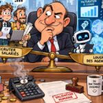 Recruter ou louer un agent IA : Quel impact sur l’emploi, la productivité et les coûts de l’entreprise ? Caricature d'un dirigeant hésitant devant une balance opposant des candidats salariés à des agents IA, illustrant les choix entre embauche et automatisation.