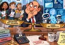 Recruter ou louer un agent IA : Quel impact sur l’emploi, la productivité et les coûts de l’entreprise ? Caricature d'un dirigeant hésitant devant une balance opposant des candidats salariés à des agents IA, illustrant les choix entre embauche et automatisation.