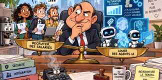Recruter ou louer un agent IA : Quel impact sur l’emploi, la productivité et les coûts de l’entreprise ? Caricature d'un dirigeant hésitant devant une balance opposant des candidats salariés à des agents IA, illustrant les choix entre embauche et automatisation.