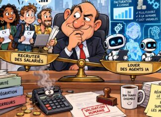 Recruter ou louer un agent IA : Quel impact sur l’emploi, la productivité et les coûts de l’entreprise ? Caricature d'un dirigeant hésitant devant une balance opposant des candidats salariés à des agents IA, illustrant les choix entre embauche et automatisation.