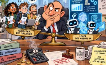 CARICATURE | Recruter ou louer : le travail mis en balance Caricature d'un dirigeant hésitant devant une balance opposant des candidats salariés à des agents IA, illustrant les choix entre embauche et automatisation.
