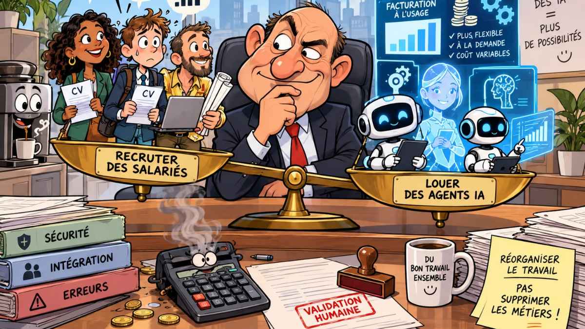 Caricature d'un dirigeant hésitant devant une balance opposant des candidats salariés à des agents IA, illustrant les choix entre embauche et automatisation.