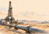 Algérie : 37,5 milliards de dollars d’hydrocarbures, la rente face à l’épreuve de l’investissement Illustration au crayon d’une installation pétrolière dans un paysage désertique, avec un grand oléoduc au premier plan et un complexe industriel à l’horizon.