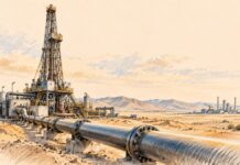 Algérie : 37,5 milliards de dollars d’hydrocarbures, la rente face à l’épreuve de l’investissement Illustration au crayon d’une installation pétrolière dans un paysage désertique, avec un grand oléoduc au premier plan et un complexe industriel à l’horizon.