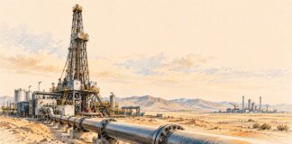Algérie : 37,5 milliards de dollars d’hydrocarbures, la rente face à l’épreuve de l’investissement Illustration au crayon d’une installation pétrolière dans un paysage désertique, avec un grand oléoduc au premier plan et un complexe industriel à l’horizon.
