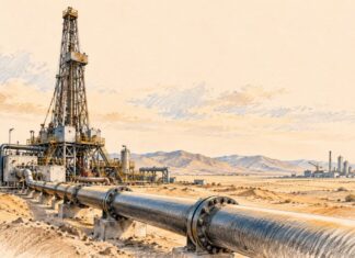 Algérie : 37,5 milliards de dollars d’hydrocarbures, la rente face à l’épreuve de l’investissement Illustration au crayon d’une installation pétrolière dans un paysage désertique, avec un grand oléoduc au premier plan et un complexe industriel à l’horizon.