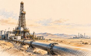Algérie : 37,5 milliards de dollars d’hydrocarbures, la rente face à l’épreuve de l’investissement Illustration au crayon d’une installation pétrolière dans un paysage désertique, avec un grand oléoduc au premier plan et un complexe industriel à l’horizon.